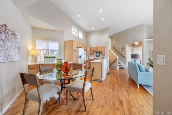 Dining room, Interior, Kitchen, Recessed Lighting, Wood Texture Flooring