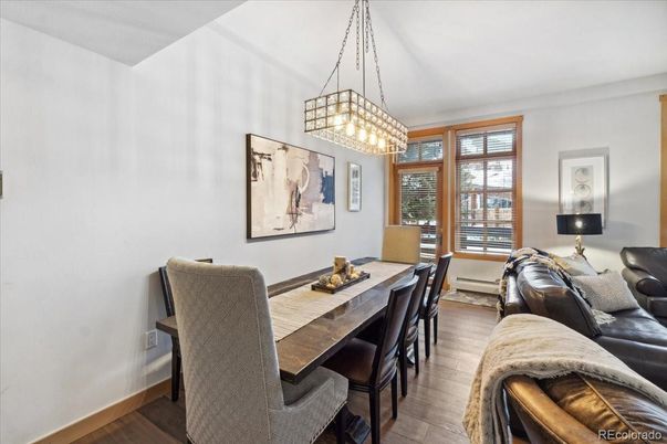 Dining room, Interior, Pendant Lights, Wood Texture Flooring