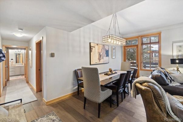 Dining room, Interior, Pendant Lights, Wood Texture Flooring