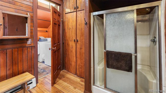 Interior, Washer, Wood Texture Flooring, Wooden Walls