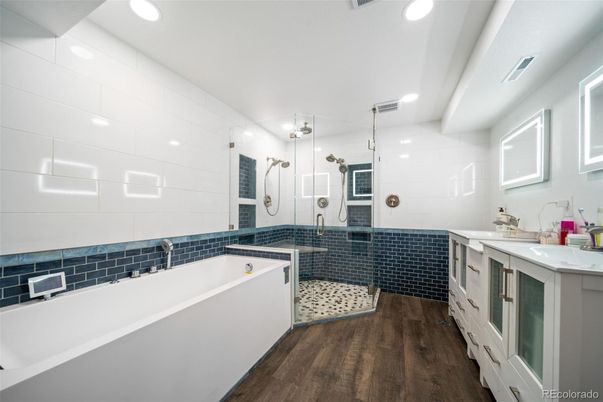 Bathroom, Dual Sink Vanities, Interior, Recessed Lighting, Wood Texture Flooring