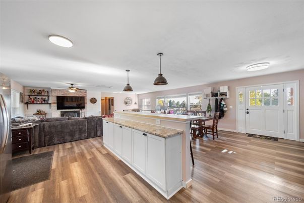 Dining room, Interior, Kitchen, Living room, Pendant Lights, Stone Walls, Wood Texture Flooring