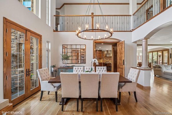Dining room, Interior, Pendant Lights, Wood Texture Flooring
