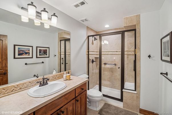 Bathroom, Glass Shower, Interior, Recessed Lighting, Tile Countertops