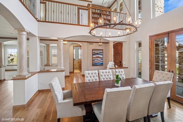 Chandelier, Dining room, Interior, Pendant Lights, Wood Texture Flooring