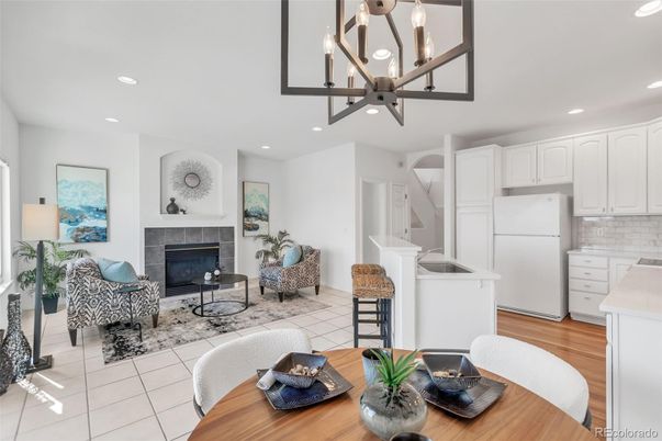 Fireplace, Interior, Kitchen, Living room, Pendant Lights, Recessed Lighting