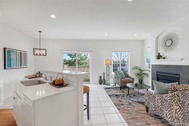 Fireplace, Interior, Kitchen, Living room, Pendant Lights, Recessed Lighting