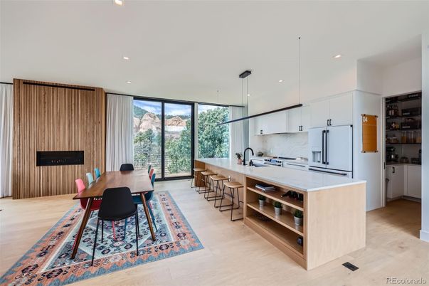 Dining room, Interior, Kitchen, Pendant Lights, Recessed Lighting, Wood Texture Flooring