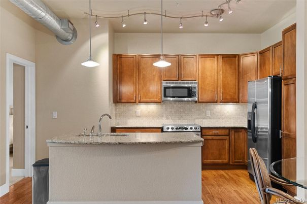 Interior, Kitchen, Pendant Lights, Stainless Steel Appliances, Wood Texture Flooring