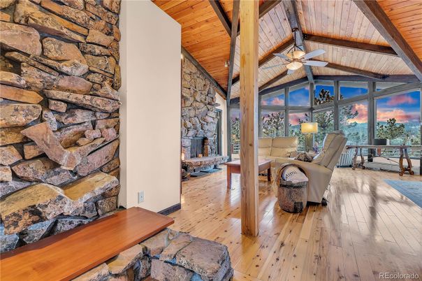 Fireplace, Interior, Living room, Stone Walls, Wooden Beams, Wooden Ceilings, Wood Texture Flooring