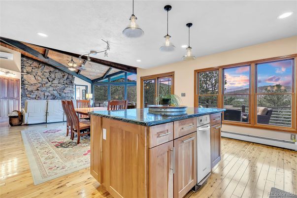 Dining room, Interior, Kitchen, Pendant Lights, Recessed Lighting, Stone Walls, Wood Texture Flooring