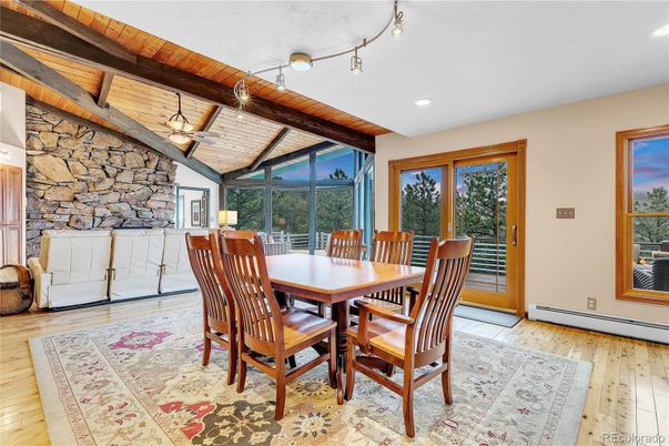 Dining room, Interior, Recessed Lighting, Stone Walls, Wooden Beams, Wooden Ceilings, Wood Texture Flooring