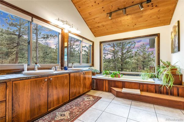 Bathroom, Dual Sink Vanities, Interior, Tile Countertops, Wooden Ceilings