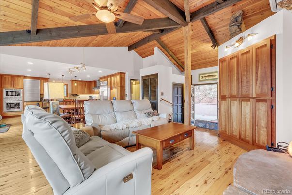 Interior, Kitchen, Living room, Pendant Lights, Recessed Lighting, Stainless Steel Appliances, Wooden Beams, Wooden Ceilings, Wood Texture Flooring