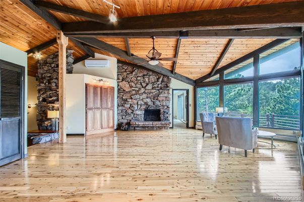 Empty room, Fireplace, Interior, Stone Walls, Wooden Beams, Wooden Ceilings, Wood Texture Flooring