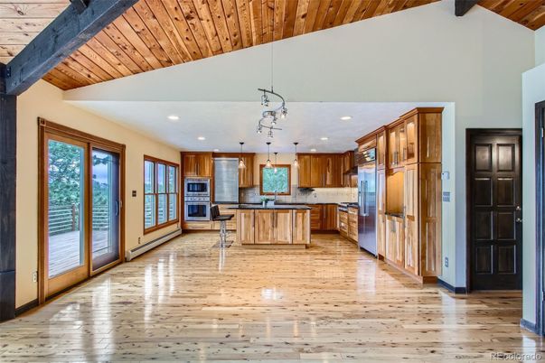 Interior, Kitchen, Pendant Lights, Recessed Lighting, Stainless Steel Appliances, Wooden Beams, Wooden Ceilings, Wood Texture Flooring