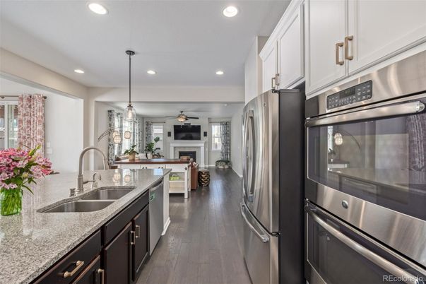 Fireplace, Interior, Kitchen, Living room, Pendant Lights, Recessed Lighting, Stainless Steel Appliances, Wood Texture Flooring