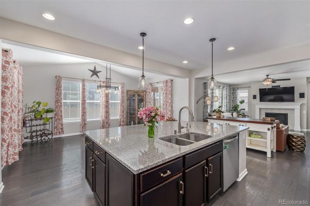 Fireplace, Interior, Kitchen, Pendant Lights, Recessed Lighting, Wood Texture Flooring