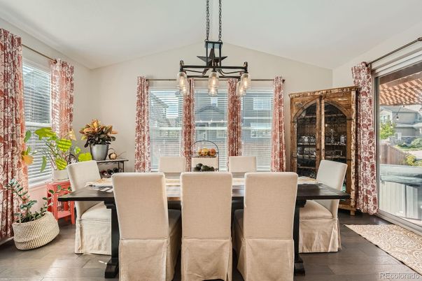 Dining room, Interior, Pendant Lights, Wood Texture Flooring