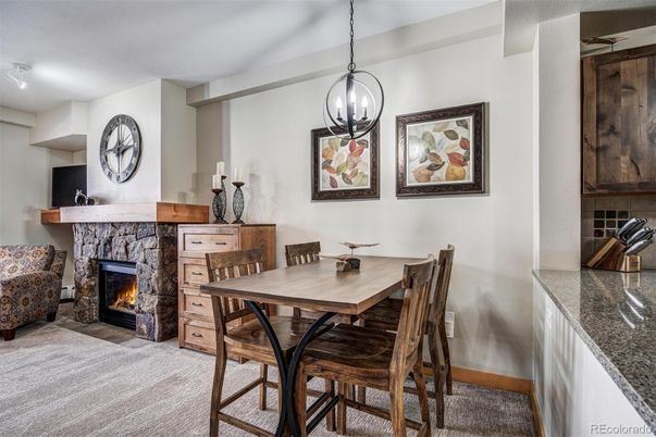 Dining room, Fireplace, Interior, Pendant Lights