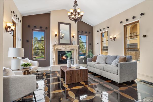 Chandelier, Fireplace, Interior, Living room