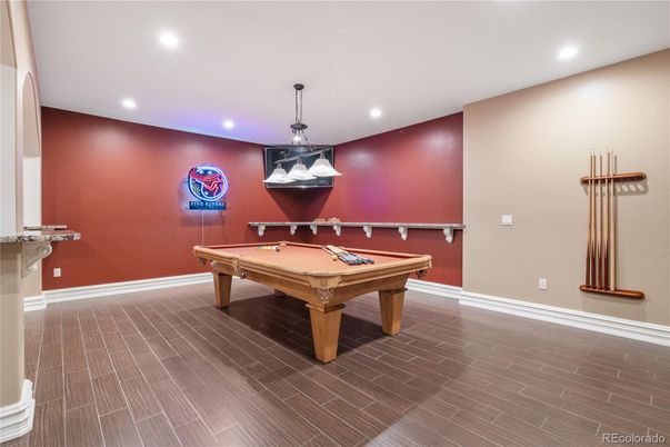 Billiard Table, Game Room, Interior, Pendant Lights, Recessed Lighting, Wood Texture Flooring