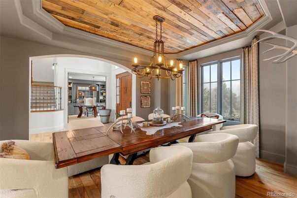 Chandelier, Dining room, Interior, Wooden Ceilings, Wood Texture Flooring