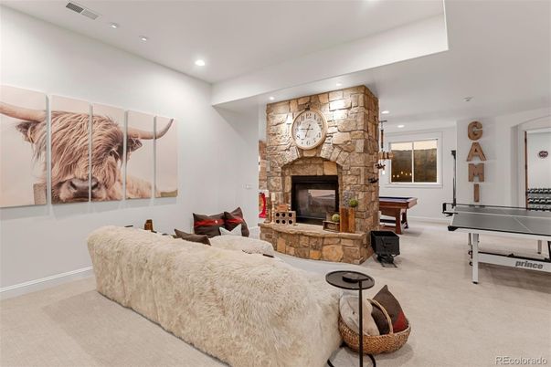 Billiard Table, Fireplace, Game Room, Interior, Living room, Recessed Lighting, Stone Walls