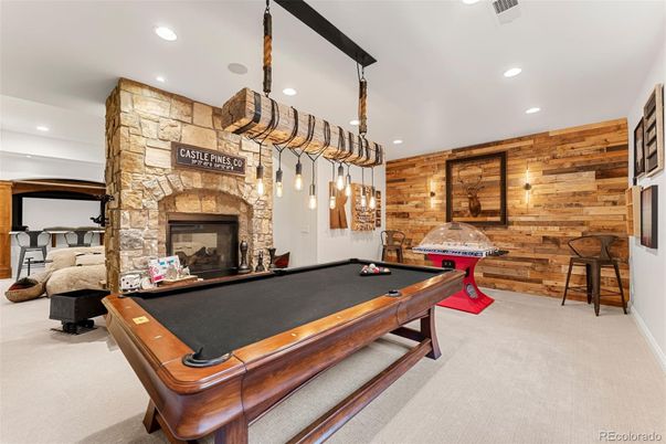 Billiard Table, Fireplace, Game Room, Interior, Pendant Lights, Recessed Lighting, Stone Walls, Wooden Walls