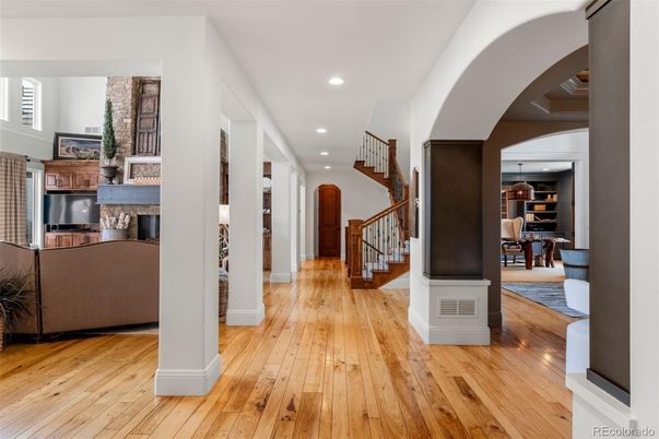 Dining room, Fireplace, Interior, Pendant Lights, Recessed Lighting, Wood Texture Flooring