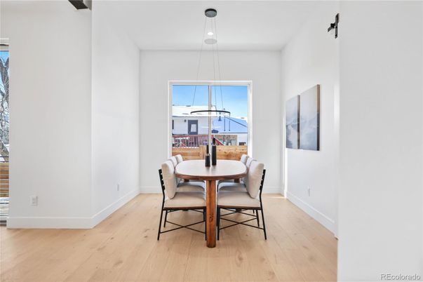 Dining room, Interior, Pendant Lights, Wood Texture Flooring
