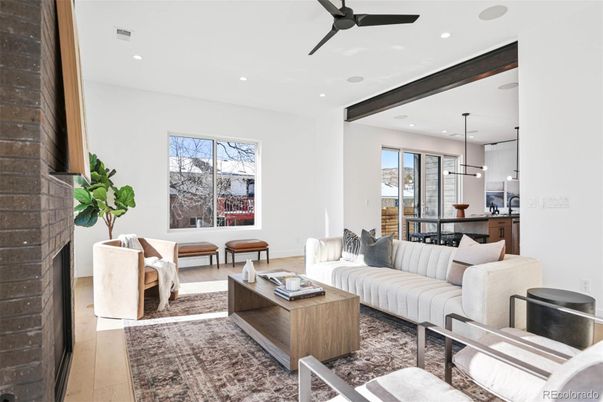 Dining room, Fireplace, Interior, Kitchen, Living room, Pendant Lights, Recessed Lighting, Stone Walls