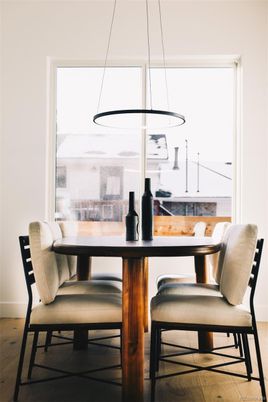 Dining room, Interior, Pendant Lights, Wood Texture Flooring