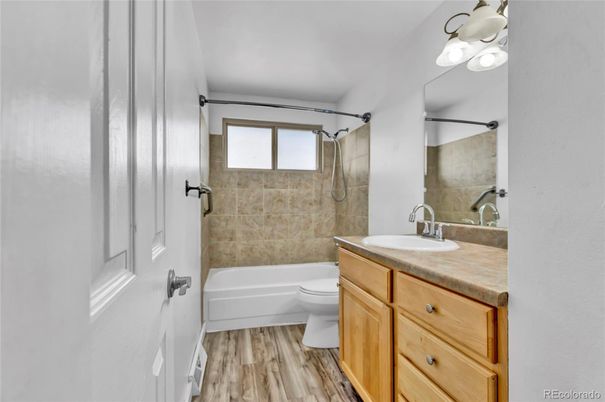 Bathroom, Interior, Tile Countertops, Wood Texture Flooring