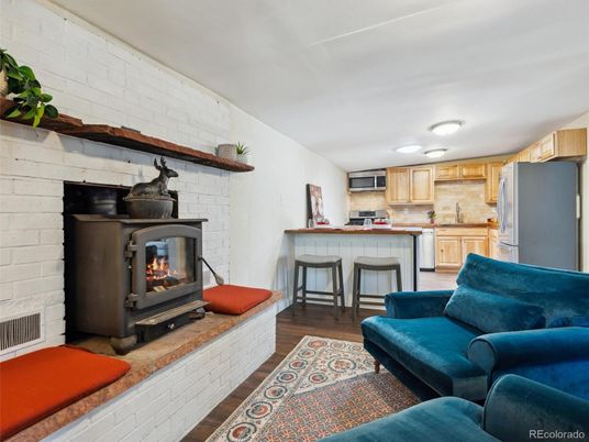 Fireplace, Interior, Kitchen, Living room, Stone Walls, Wood Texture Flooring