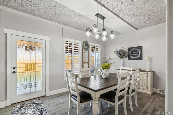 Dining room, Interior, Pendant Lights, Wood Texture Flooring