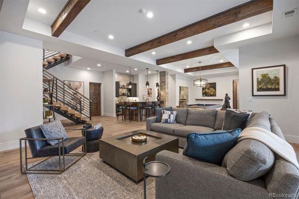 Interior, Kitchen, Living room, Pendant Lights, Recessed Lighting, Wooden Beams, Wood Texture Flooring