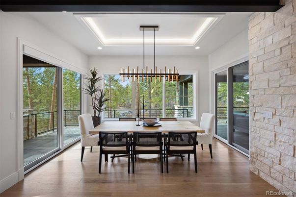 Dining room, Interior, Pendant Lights, Recessed Lighting, Stone Walls, Wood Texture Flooring