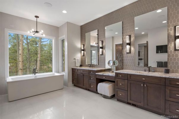 Bathroom, Dual Sink Vanities, Free Standing Baths, Interior, Pendant Lights, Recessed Lighting