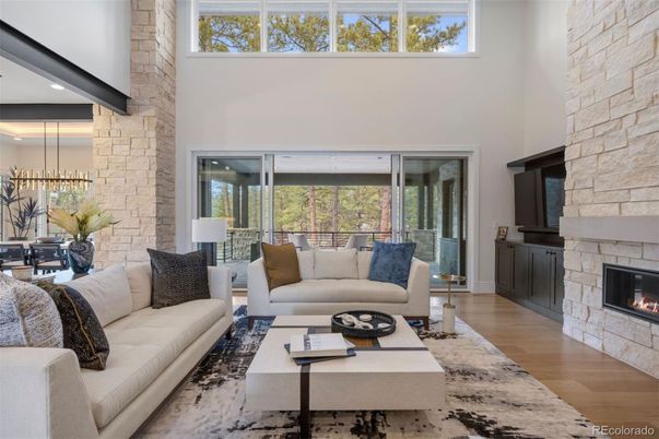 Dining room, Fireplace, Interior, Living room, Stone Walls, Wood Texture Flooring