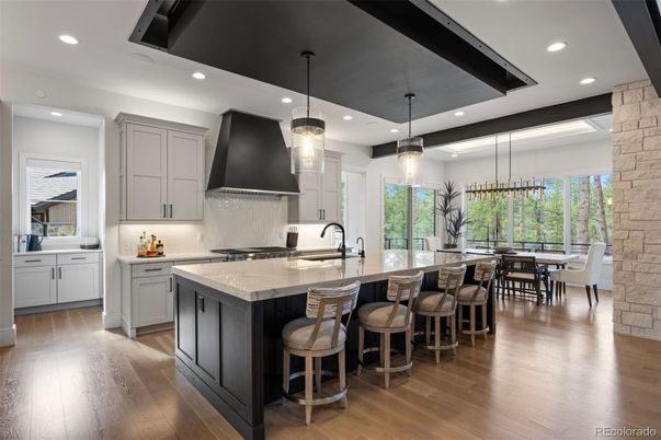 Dining room, Interior, Kitchen, Pendant Lights, Recessed Lighting, Wood Texture Flooring