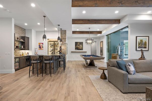 Billiard Table, Game Room, Interior, Pendant Lights, Recessed Lighting, Wooden Beams, Wood Texture Flooring