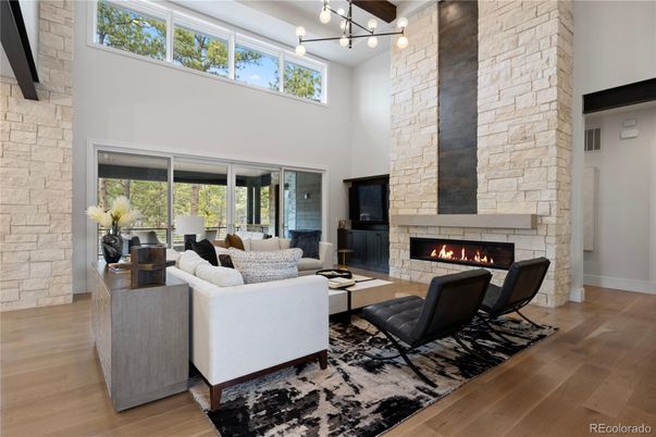 Fireplace, Interior, Living room, Pendant Lights, Stone Walls, Wood Texture Flooring