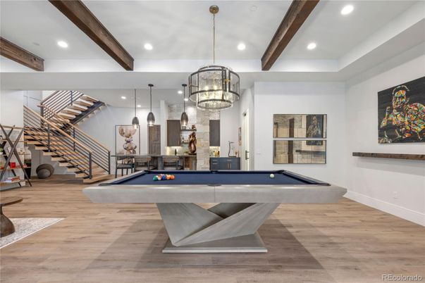 Billiard Table, Chandelier, Game Room, Interior, Pendant Lights, Recessed Lighting, Wooden Beams, Wood Texture Flooring