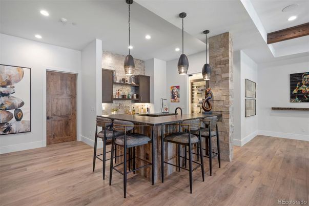 Interior, Pendant Lights, Recessed Lighting, Stone Walls, Wood Texture Flooring