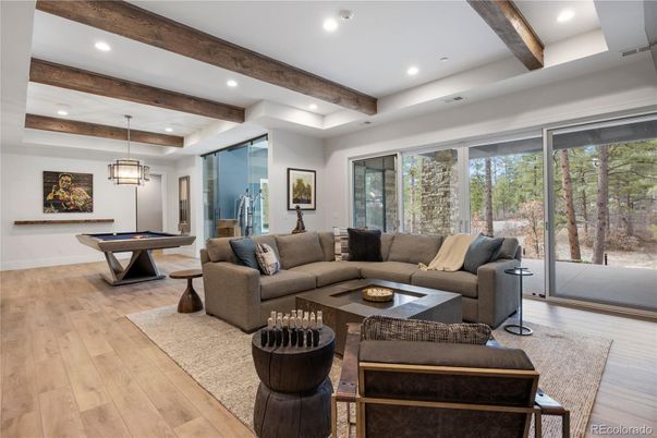 Billiard Table, Game Room, Interior, Living room, Pendant Lights, Recessed Lighting, Wooden Beams, Wood Texture Flooring