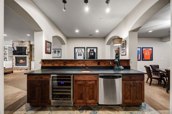 Dining room, Fireplace, Interior, Kitchen, Recessed Lighting, Stainless Steel Appliances