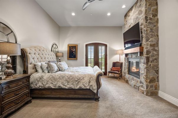 Bedroom, Fireplace, Interior, Recessed Lighting, Stone Walls