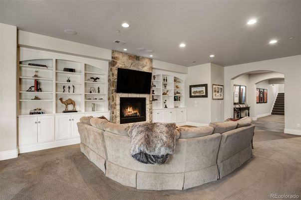 Fireplace, Interior, Living room, Recessed Lighting, Stone Walls