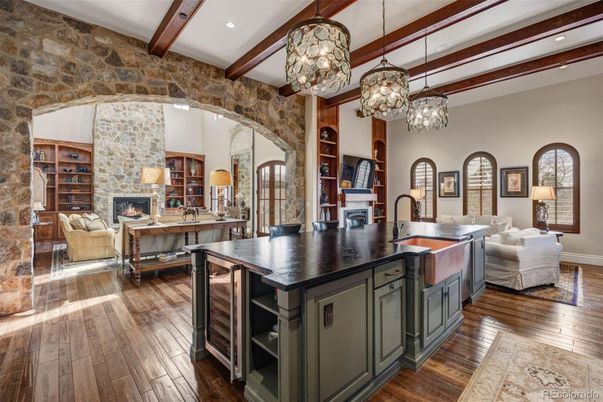 Fireplace, Interior, Kitchen, Living room, Pendant Lights, Recessed Lighting, Stone Walls, Wooden Beams, Wood Texture Flooring